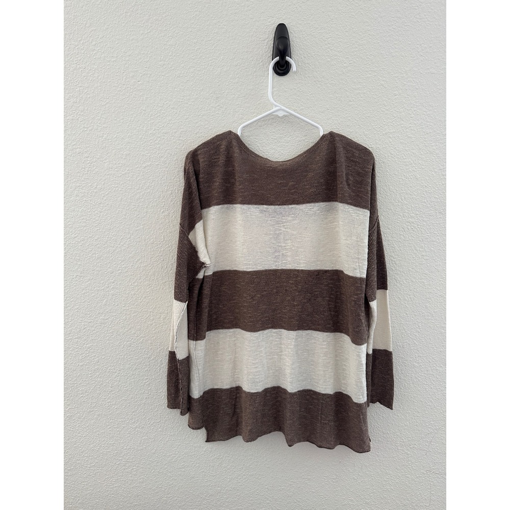 Free People Beach Brown Striped Linen Blend Henley Long Sleeve Top Size Small - Picture 4 of 7